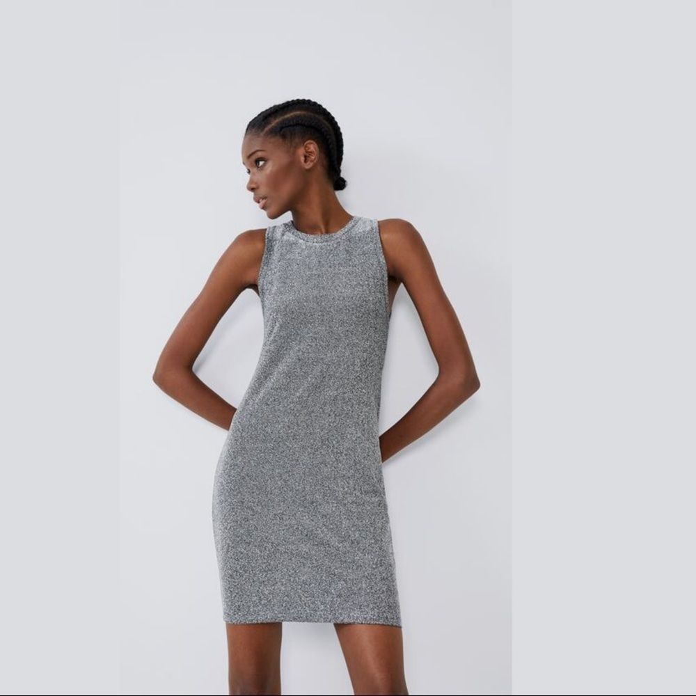 DRESS WITH METALLIC THREAD zara silver new years eve mini bodycon